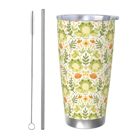 

Qekee Frogs And Botanical Print 20OZ Car Cup Stainless Steel Vacuum Insulated Tumbler Tumbler Cup With Lid And Straw Travel Coffee Mug-Straw Two-piece Set