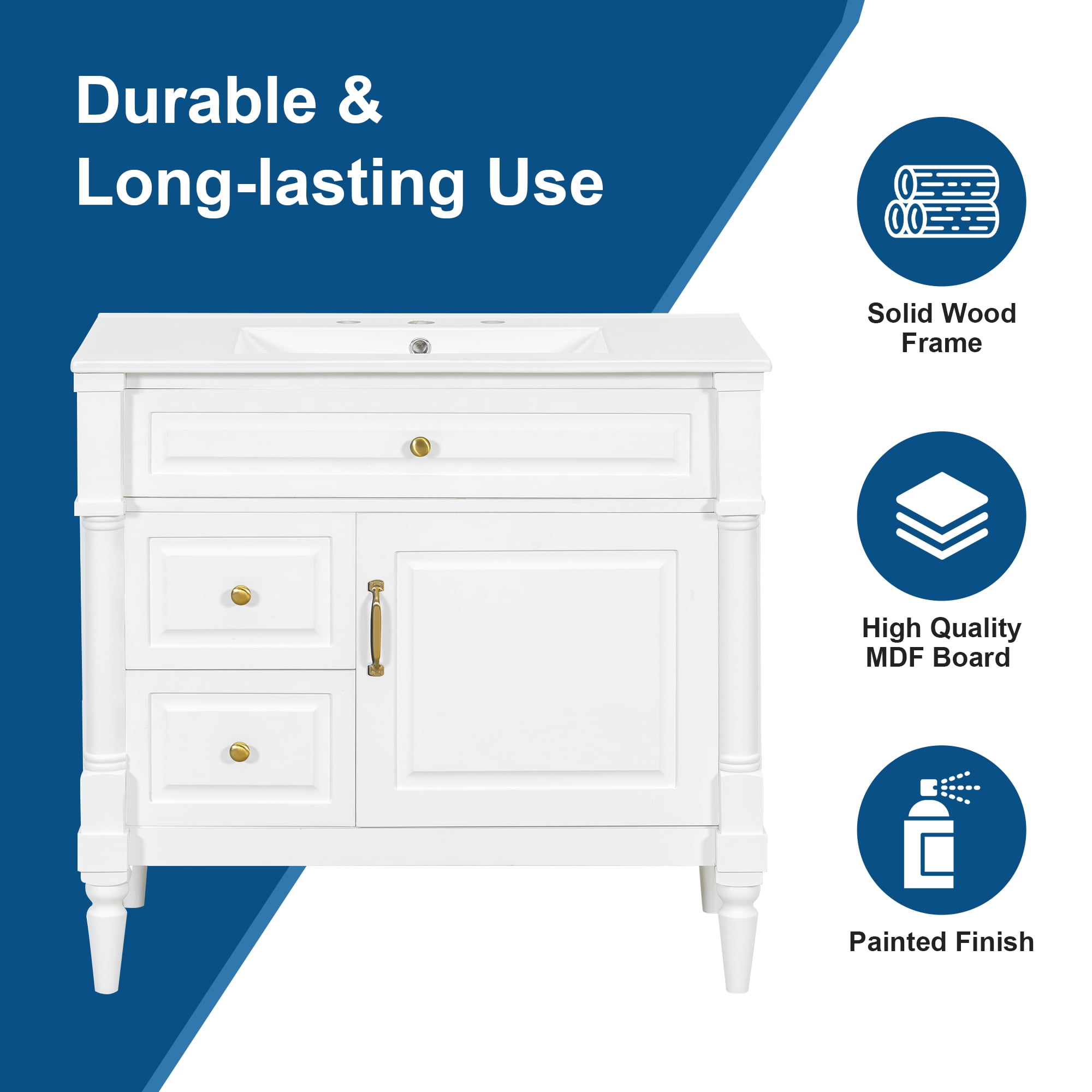 Alvantor 36" Bathroom Vanity with Ceramic Sink, Freestanding Storage Cabinet with Flip Drawers White