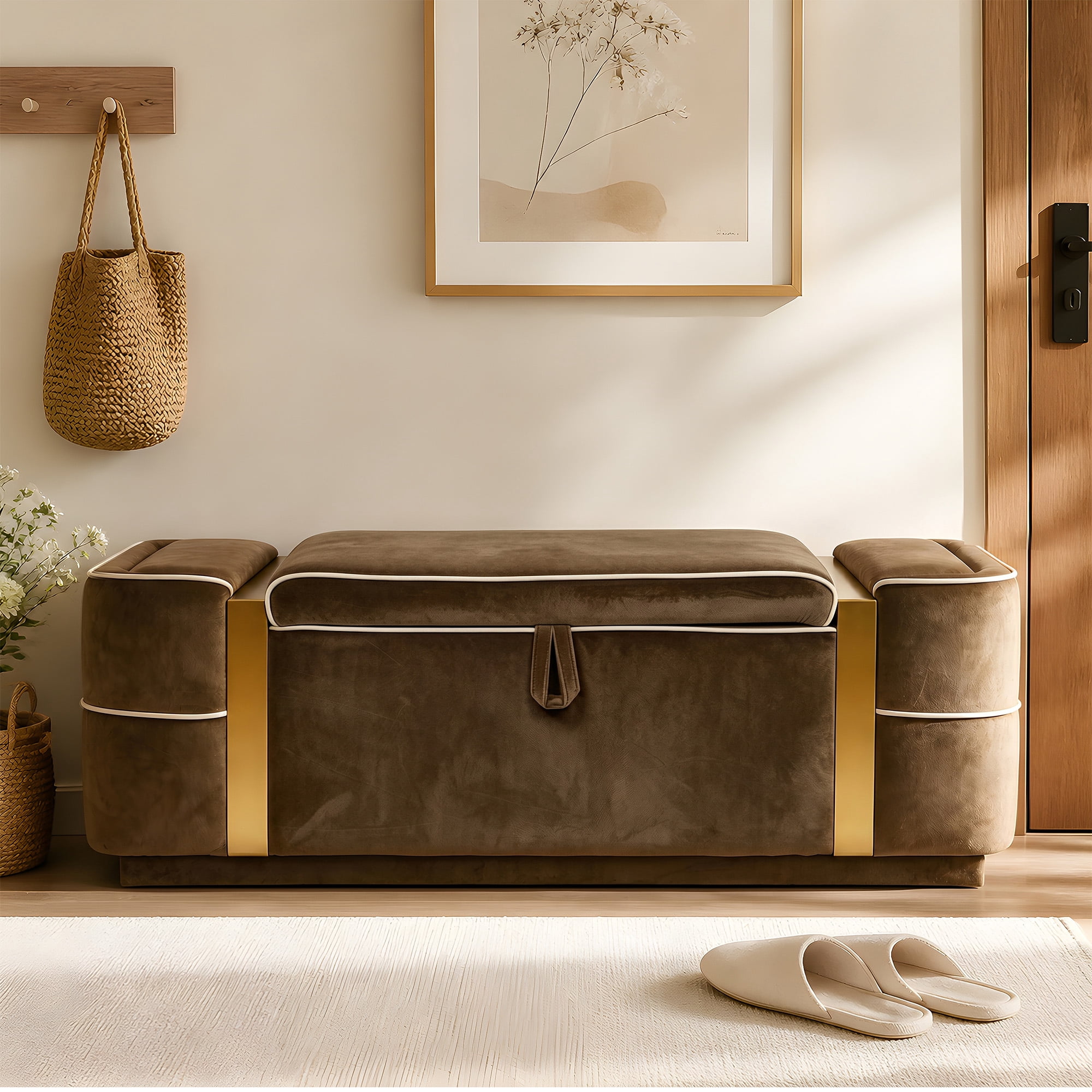 Euroco 47.2" Storage Ottoman Bench,Upholstered End of Bed Bench with Seating, Entryway Bench for Living Room Bedroom,Brown