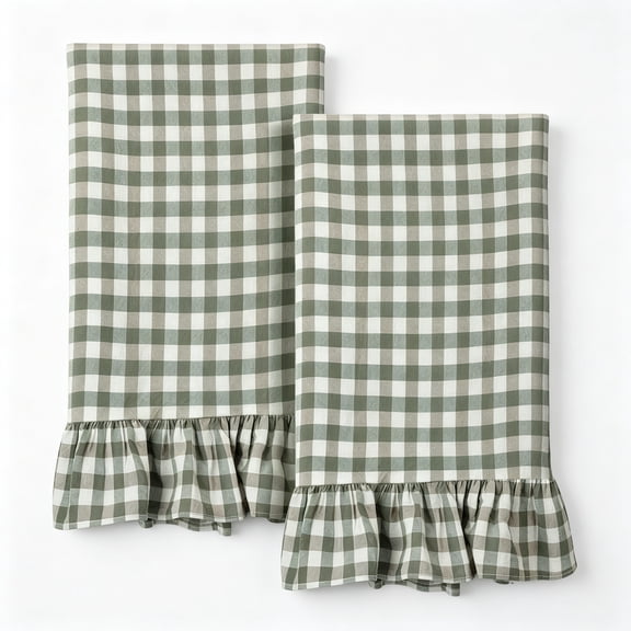 ARLAJO Sage Green Kitchen Towels Set of 2,100% Cotton Ruffled Gingham Dish Towels 18"X28" Tea Cloths Classic Plaid Pattern for Farmhouse Charm,Drying Dishes,Entertaining Guests