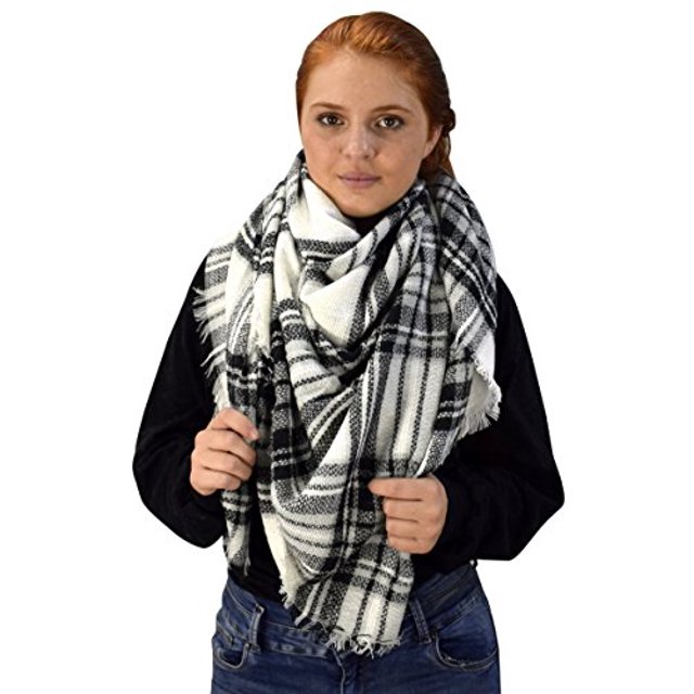 Peach Couture Warm Tartan Plaid Woven Oversized Fringe Scarf Blanket Shawl Wrap Black White