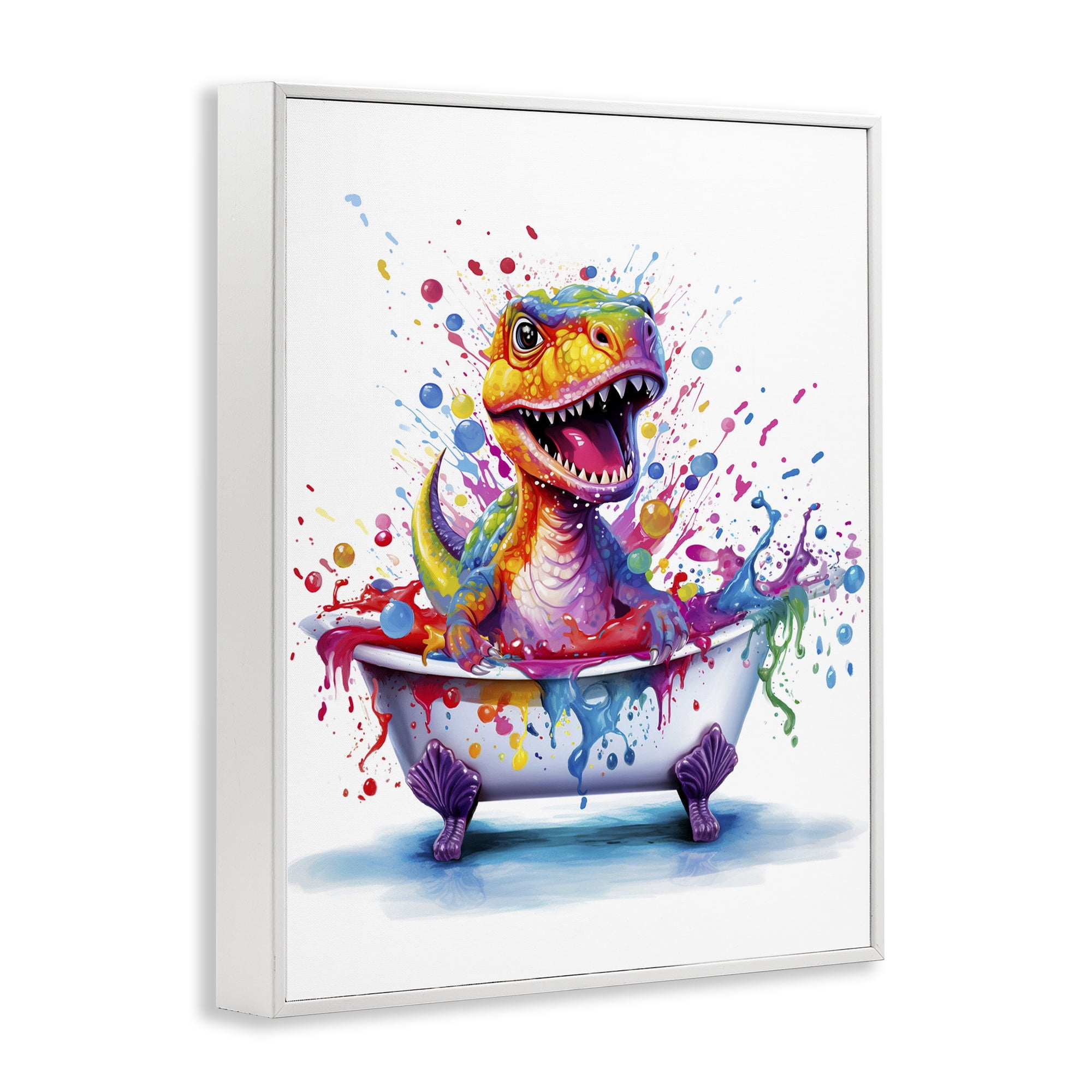 Stupell Industries Modern Splatter Dino Typography Painting White Framed Art Print Wall Art, 11 x 14