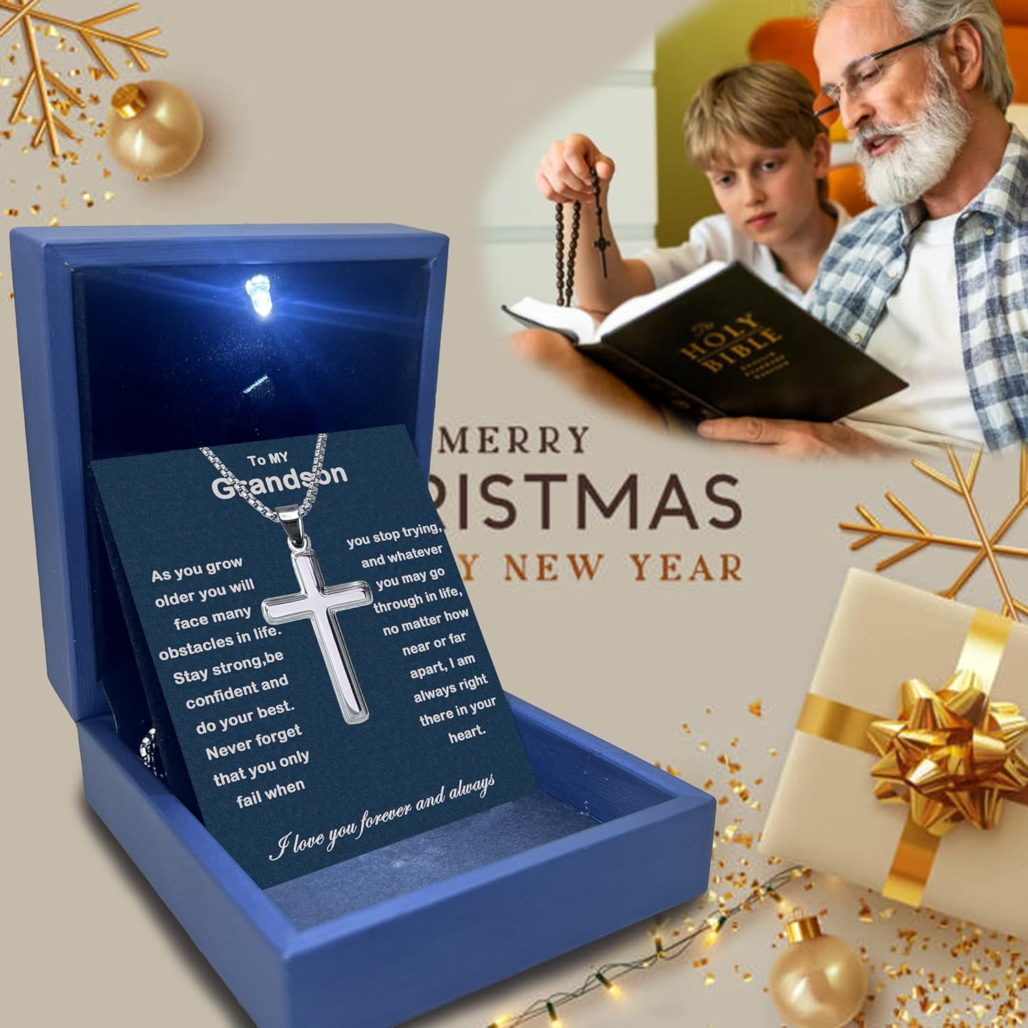 To My Grandson Necklace From Grandma Faith Cross Necklace Baptism Birthday Graduation Christmas Gifts For Grandson From Grandparents With Message Card & Gift Box