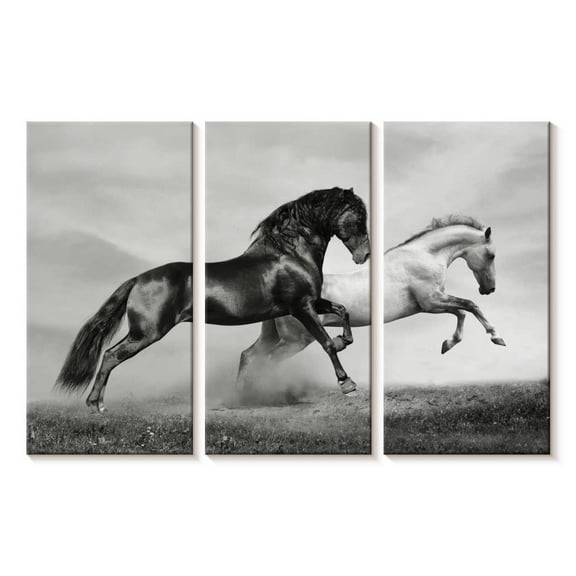 Elephant Stock Sprinting Arabian Horses Wall Art - Horizontal Multi Panel Canvas - Living Room Wall Decor - Animal Multi Panel - Gray And Black Decor - 23" x 14"