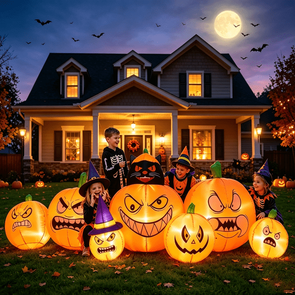 Magicfly 8FT Halloween Inflatable Pumpkin, 7 Pumpkins with Witch Hat, Black Cat & LED Lights