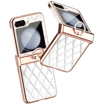 ELEHOLD for Samsung Galaxy Z Flip 5 Case with Ring Holder,Soft PU Leather Plating Case with Hinge Protection Shockproof Galaxy Z Flip 5 Back Cover for Women Girls,White