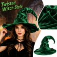 thumbnail image 5 of Crushed Velvet Wrinkled Witch Hat Adult Halloween, Polyester Fiber Twisted Curved Wizard Hat Vintage Prop for Spooky Halloween Party and Dress Up Green B, 5 of 6