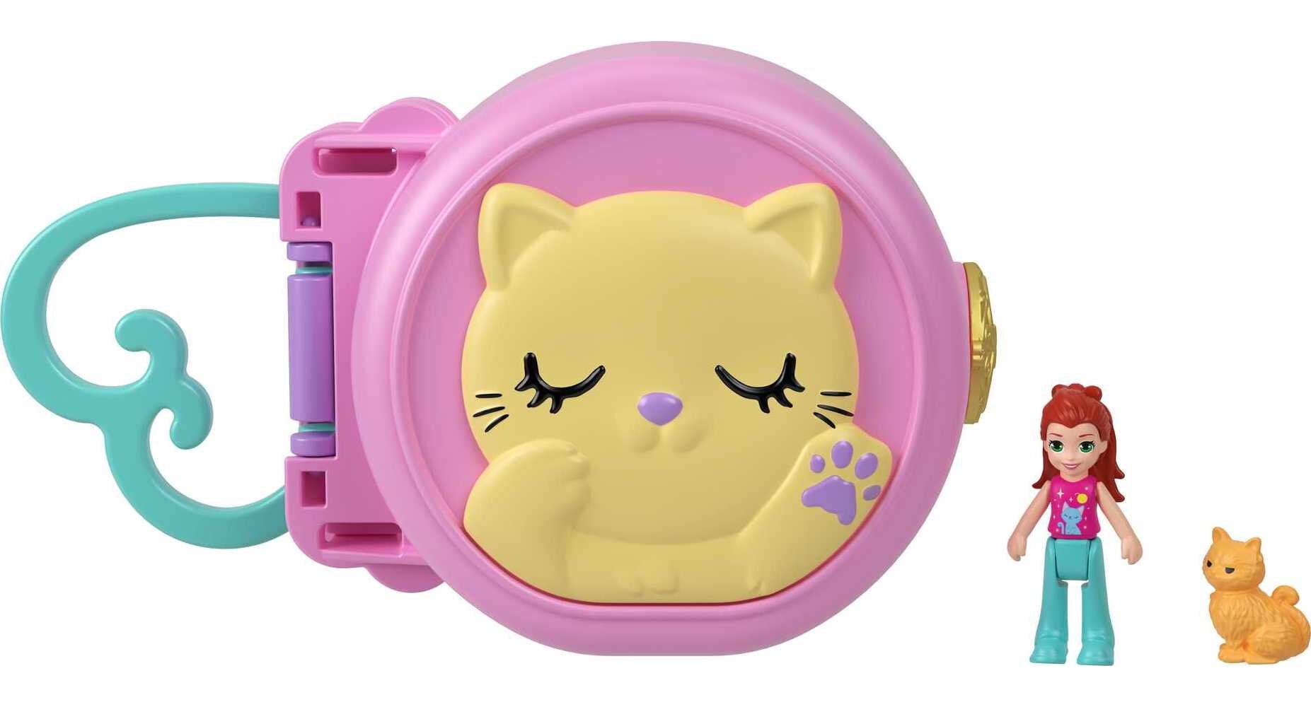 Polly Pocket Sleepy Pets Travel Toy Playset with Micro Lila Doll and Pet Cat Accessory