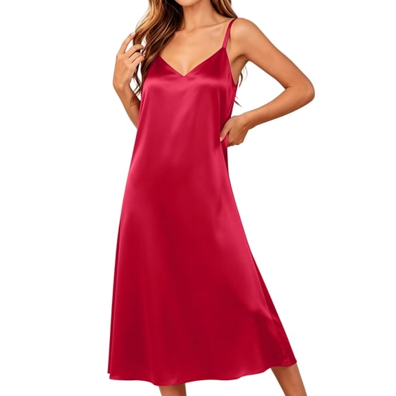 Hduncf Silk Nightgown for Women Long Satin Sleep Dress Silky Night Dress V Neck Chemise Nightie Comfy Soft Nightwear Red XL