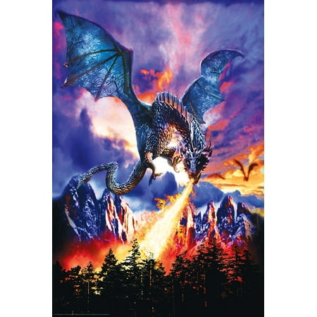 Dragon Art Poster - Dragon Breathing Fire Incinerating Forest Fantasy Art Print Poster 24x36 inch