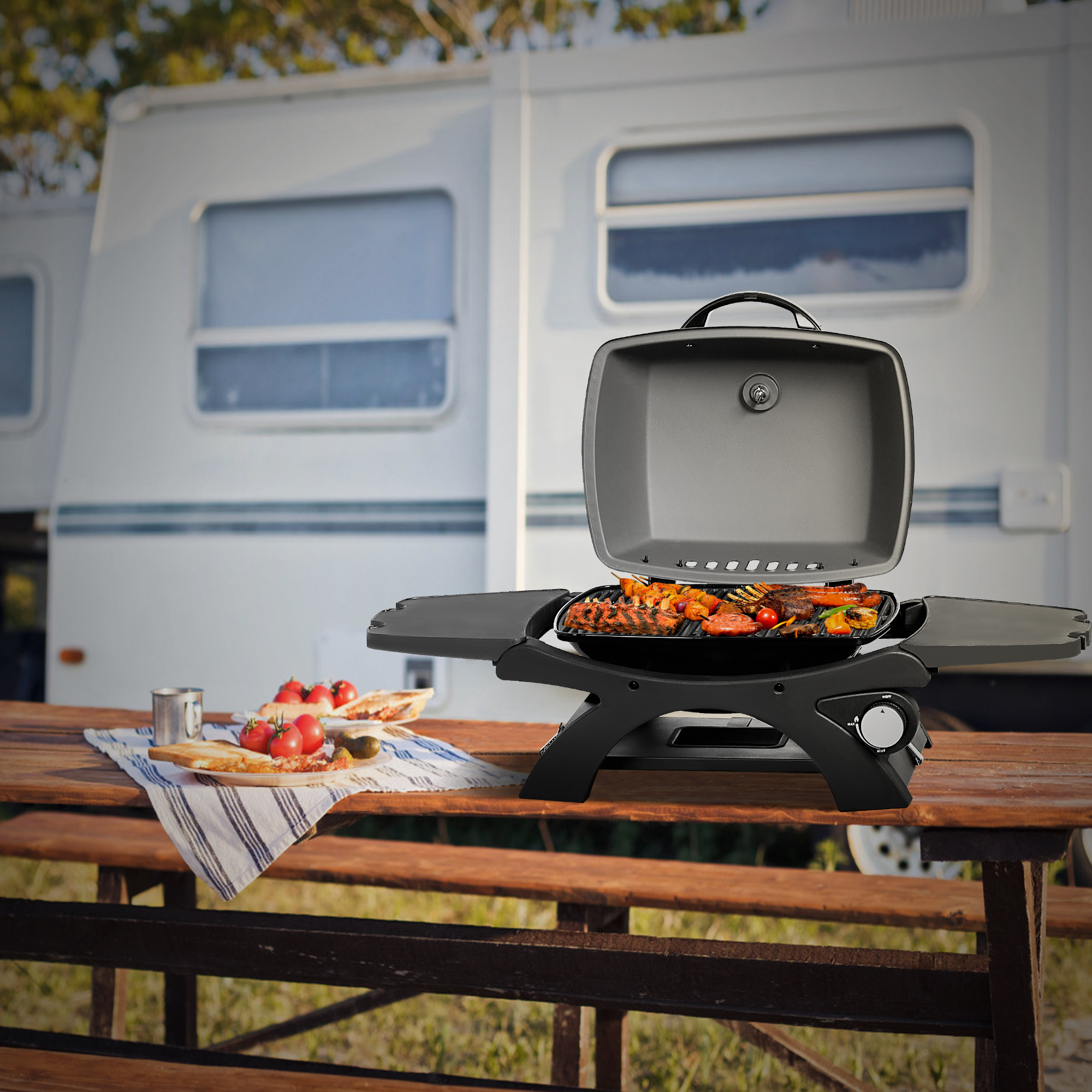 Master Cook Black Propane Gas Tabletop Outdoor Grill with Built-in Thermometer