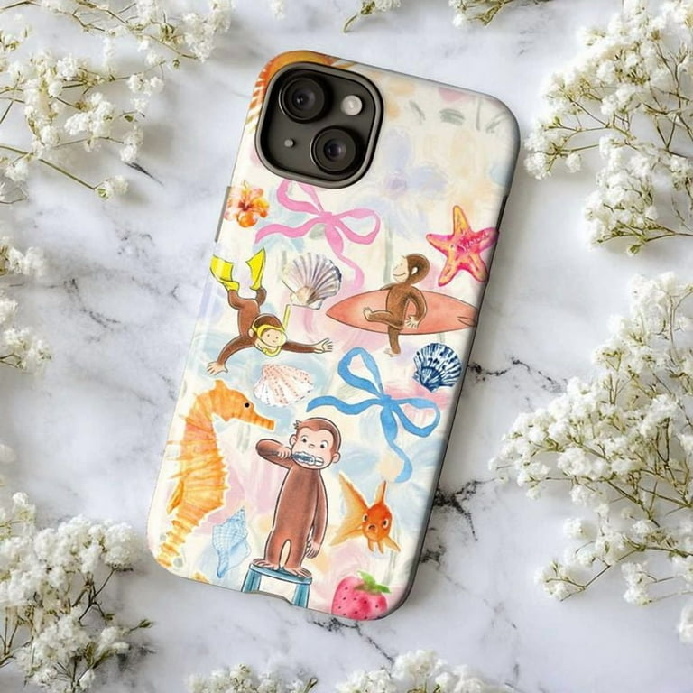 Cute Curious Monkey Ocean Phone Case, Sea Life & Bow Design, Fun Cover for iPhone 16 15 14 13 12 Pro Max Plus Cute Curious Monkey Ocean Phone Case, Sea Life & Bow Design, Fun Cover for iPhone 16 15 14 13 12 Pro Max Plus