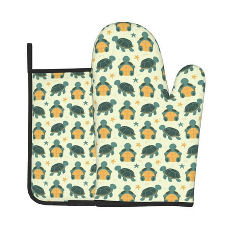 

Lukts Cartoon Turtles Print Kitchen Heat-Resistant Gloves and Spacers 2pcs Set Suitable for Baking and Cooking