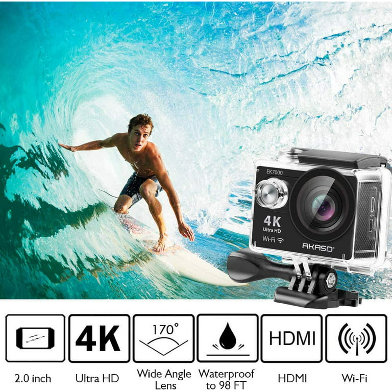 AKASO EK7000 4K30FPS Action Camera Ultra HD Underwater Camera 170 Degree  Wide Angle 98FT Waterproof Camera Black