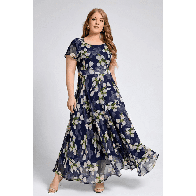 Plus Size Women Floral Printing Dress Short Sleeve Round Neck Chiffon A-line Female Elegant Fashion Summer Dresses 2025