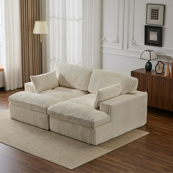 Double Chaise Lounge Chair Indoor, Oversized Upholstered Sleeper Cloud Couch, Deep Seat Luxury Sofa Bed, Sectional Sofa Chaise Loveseat with No Assembly Required, Corduroy Reading Chair  White