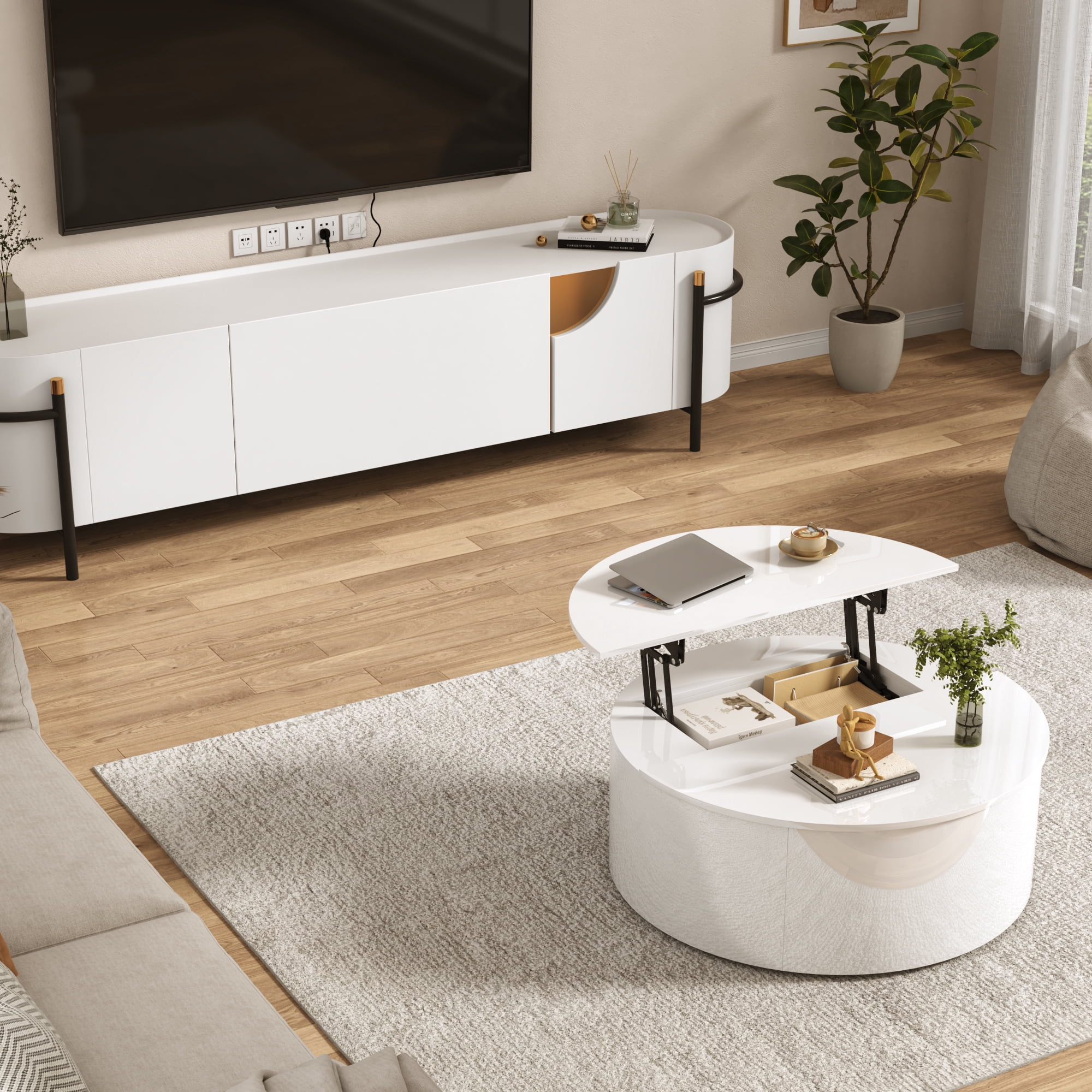 ANPOO Round Lift Top Coffee Table with Storage, Modern High Gloss Coffee Table with Hidden Storage Space, Circular Center Table for Livingroom, Small Space, Small Space, Apartment