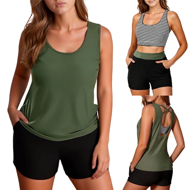 Conjuntos de bikini tankini para mujer Trajes de baño sólidos Traje de baño de dos piezas con tirantes anchos y soporte Traje de baño de dos piezas para mujer Trajes de baño tankini para mujer Traje d