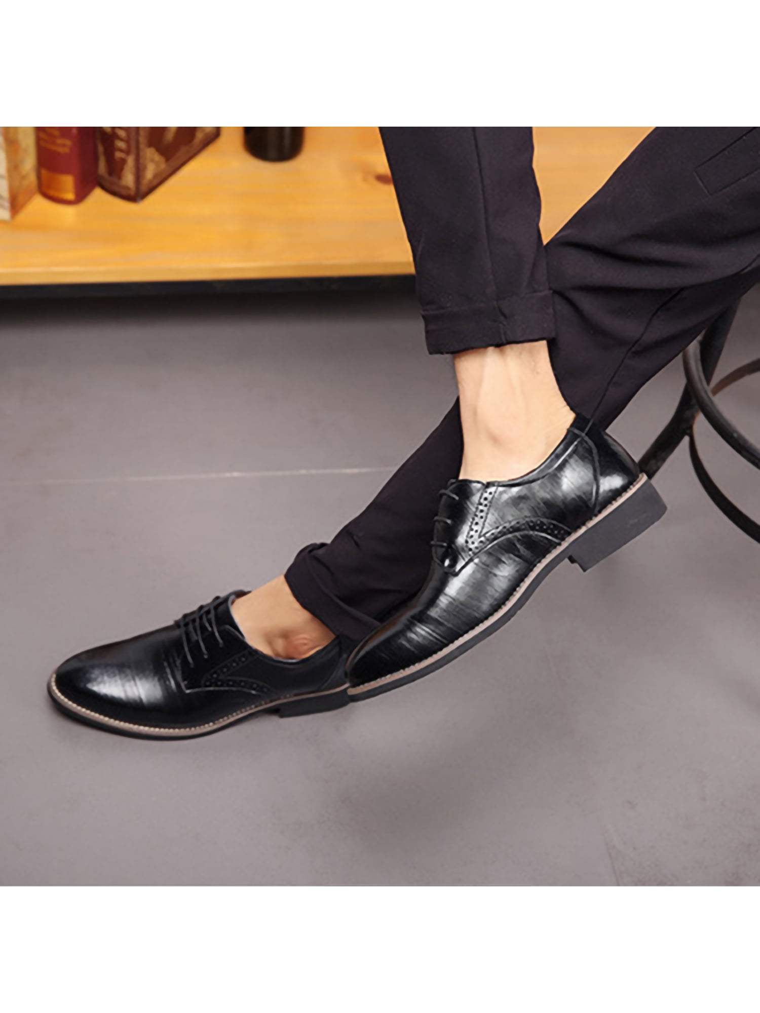 Men Mens PU Leather Business Oxfords Lace Up Square Texture Block Heel Formal Loafers Breathable Shoes