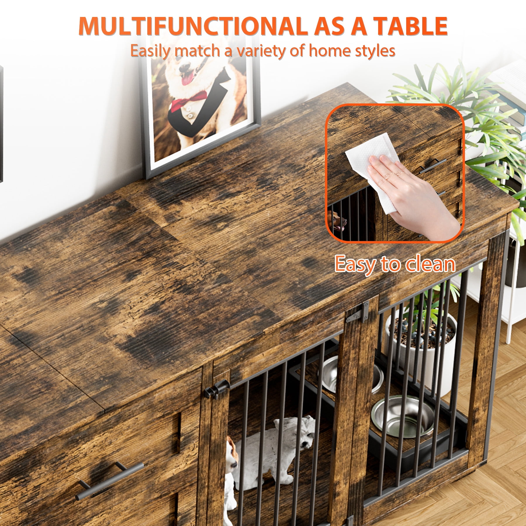 Rophefx 95.4" Dog Crate Furniture for 2 Dogs,Large Kennel with 3 Drawers and 4 Bowls,Wooden Heavy Duty Indoor Dog House,Brown