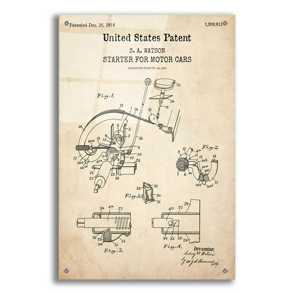 Epic Art 'Starter for Motor Cars Blueprint Patent Parchment,' Acrylic Glass Wall Art, 24"x36"