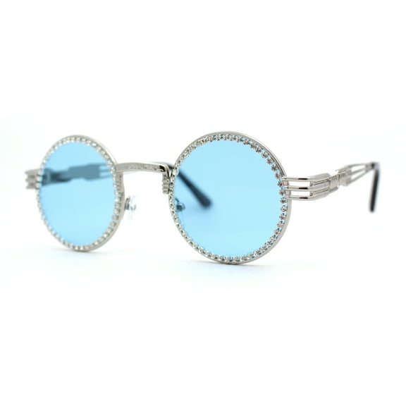 Womens Rhinestone Jewel Victorian Fancy Engraving Hippie Round Sunglasses Silver Blue