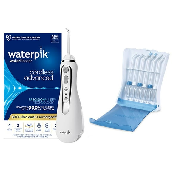 Bundle with Waterpik White Cordless Advanced 2.0 Water Flosser WP-580 and Tips Storage Case with 6 Count Genuine Waterpik Water Flosser Tips, Rechargeable, Portable Oral