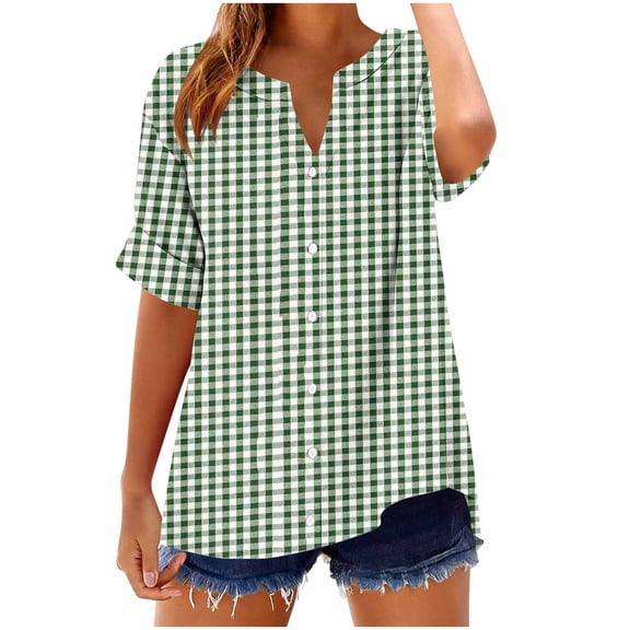fheaev Summer Tops for Women Solid Color V-Neck Button Short Sleeve Loose Fit Casual T-Shirts