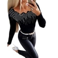 thumbnail image 2 of Gvmfive Women Wave Collar Hot Drilling Long Sleeve Solid Casual Slim Tops, 2 of 4