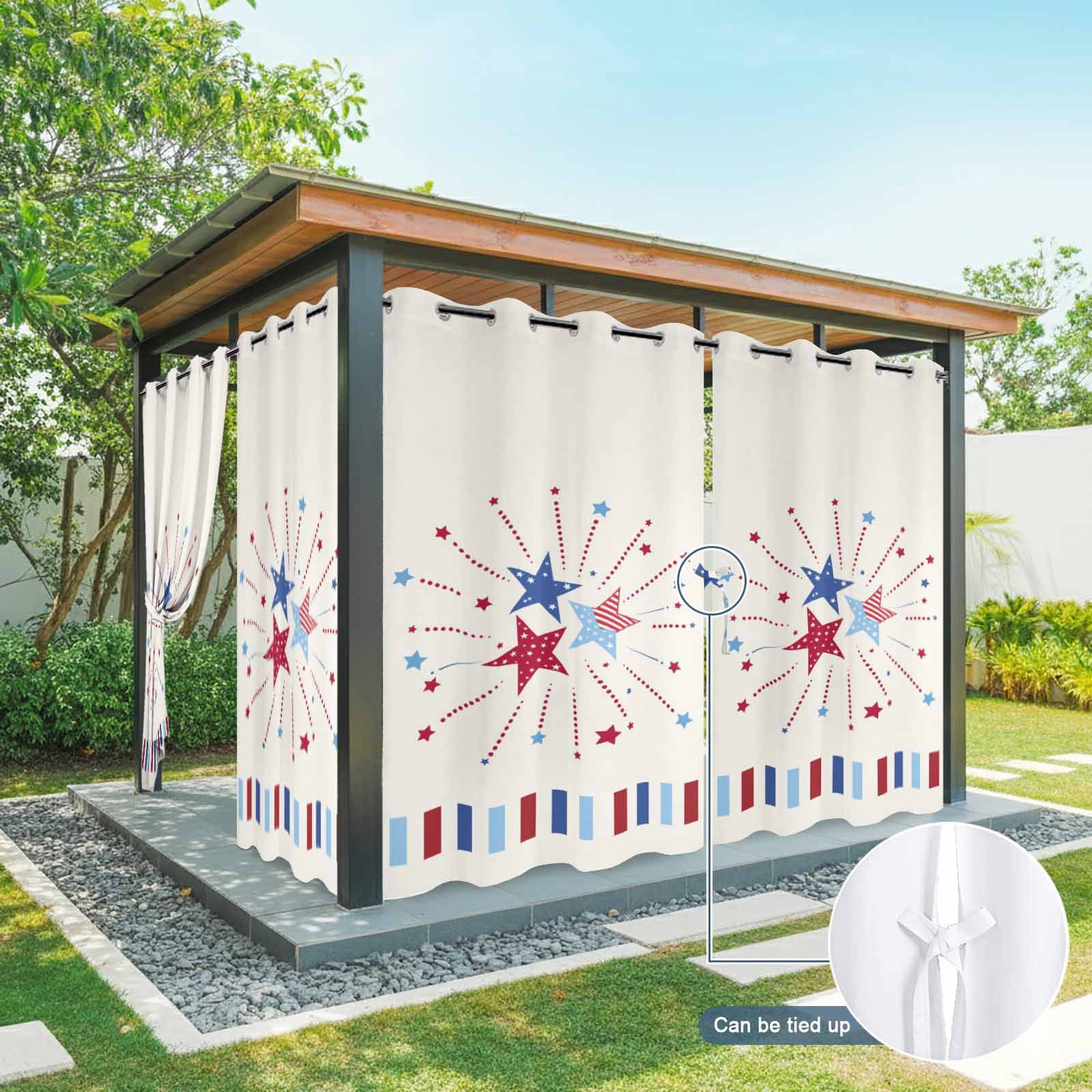 Independence Day Stars Outdoor Curtains for Patio, Modern Abstract Red Blue Stripes Stars Linen Texture Sunshade Privacy Drapes Grommet Waterproof Outside Curtains for Porch Balcony 54"x84", 1 Panel