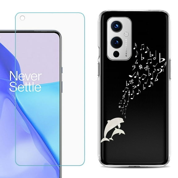 Slim-Fit TPU Phone Case Compatible with OnePlus 9 5G, with Tempered Glass Screen Protector, by OneToughShield ® - Dolphin Music