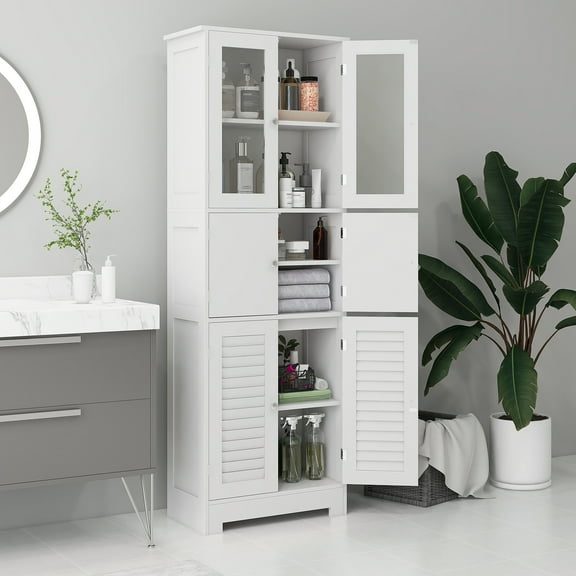 HOMCOM 67" Bathroom Cabinet with Glass/Louvred Doors, Tall Bathroom Storage Cabinet with Adjustable Shelf, White