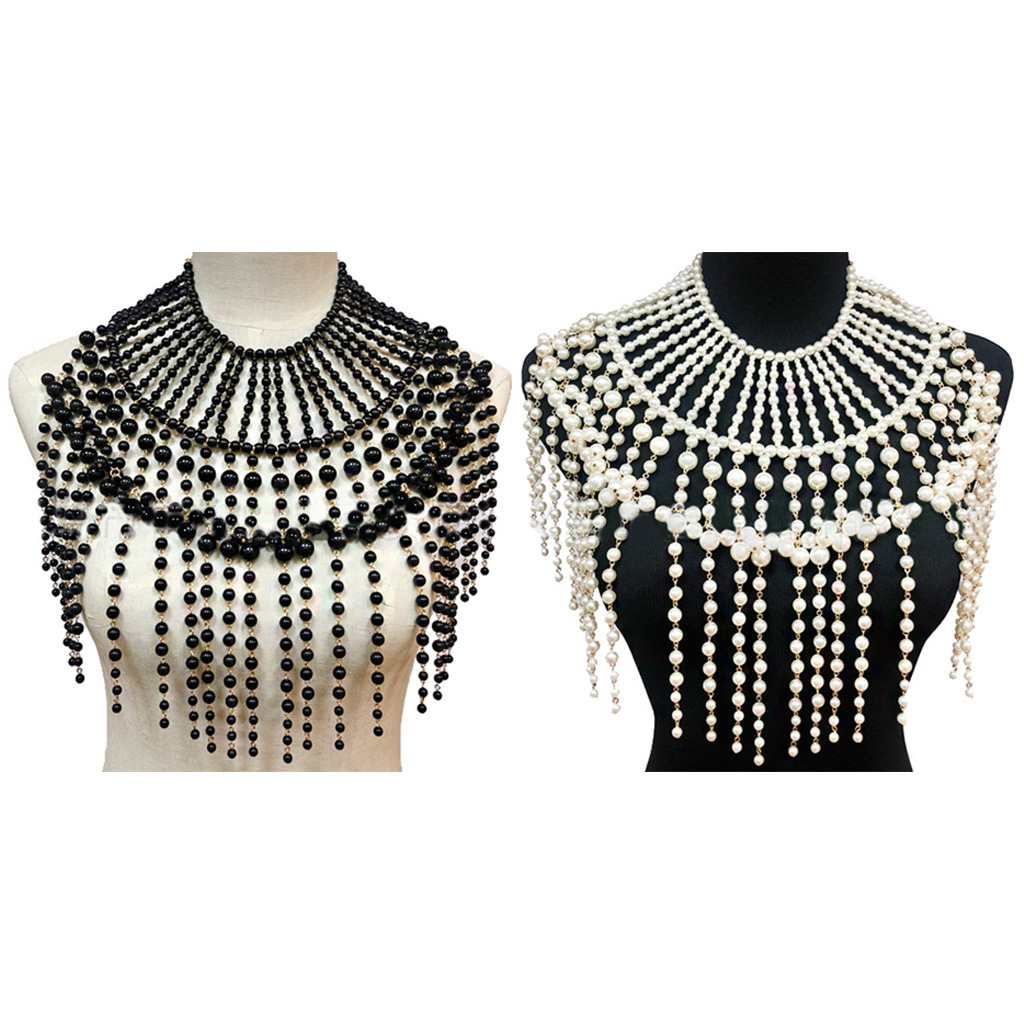 VIEGINE Exaggerated Layered Jewelry Shoulder Body Chain Harness Pearl Beaded Fringed Tassel Bib Choker Necklace Fake Collar - image 4 of 6