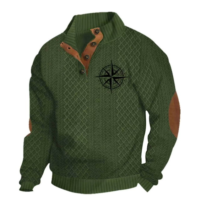 Ceisia Men's Regular-Fit Stand-Collar 4-Button Nautical Knit Sweatshirt With Compass Print Gift