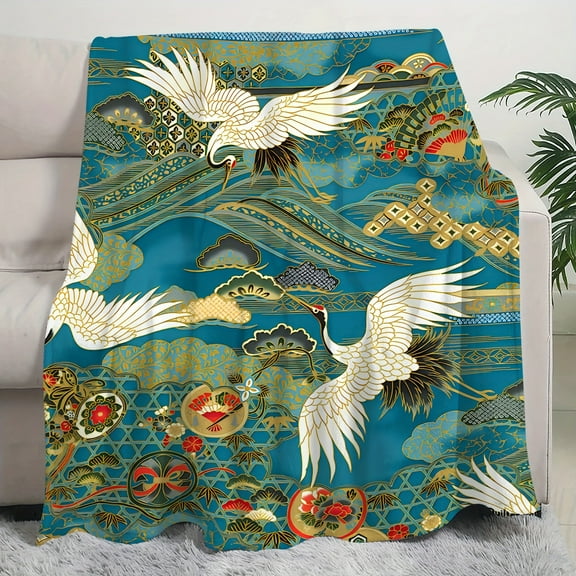 Luxurious Vintage White Crane Flannel Throw Blanket - Soft, Warm & Cozy for Couch, Bed, Office, Travel | Versatile All-Season Gift