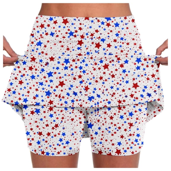 Womens Dresses Summer Patriotic Printed Mini Skirt Daily All Match Soft Breathable Elastic Pocket Sports Bottom
