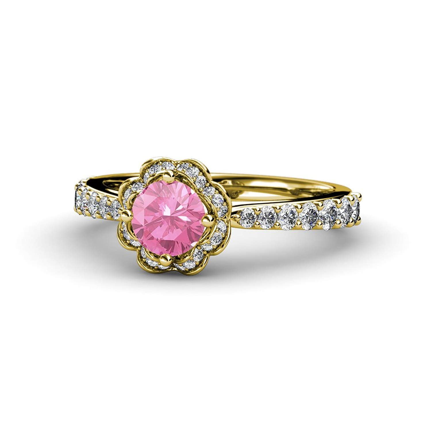 Pink Tourmaline & Diamond (SI2-I1, G-H) Floral Halo Engagement Ring 1.38 cttw in 14K Yellow Gold.size 8.0 by TriJewels