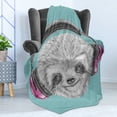 thumbnail image 4 of Sloth Soft Flannel Fleece Throw Blanket, DJ Animal Portrait Headphones Funny Modern Character Cool Smiling, Cozy Plush for Indoor and Outdoor Use, 50" x 60", Teal Grey Fuchsia, by Ambesonne, 4 of 5