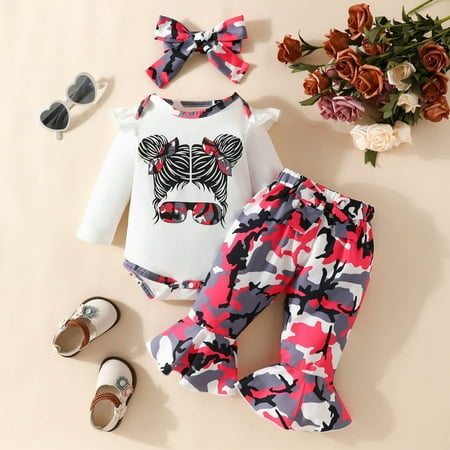 

Toddler Girls Outfit Sets Autumn Winter Long Sleeve Camouflage Color Prints Romper Pants Headbands 3Pcs Activewear