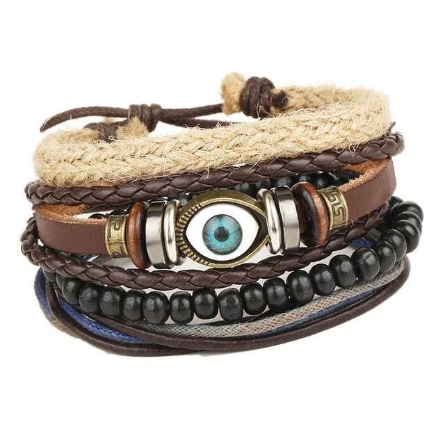 Pulsera de cordón de cuero tejido para hombres y mujeres, brazalete moderno ojos cuentas de cuero