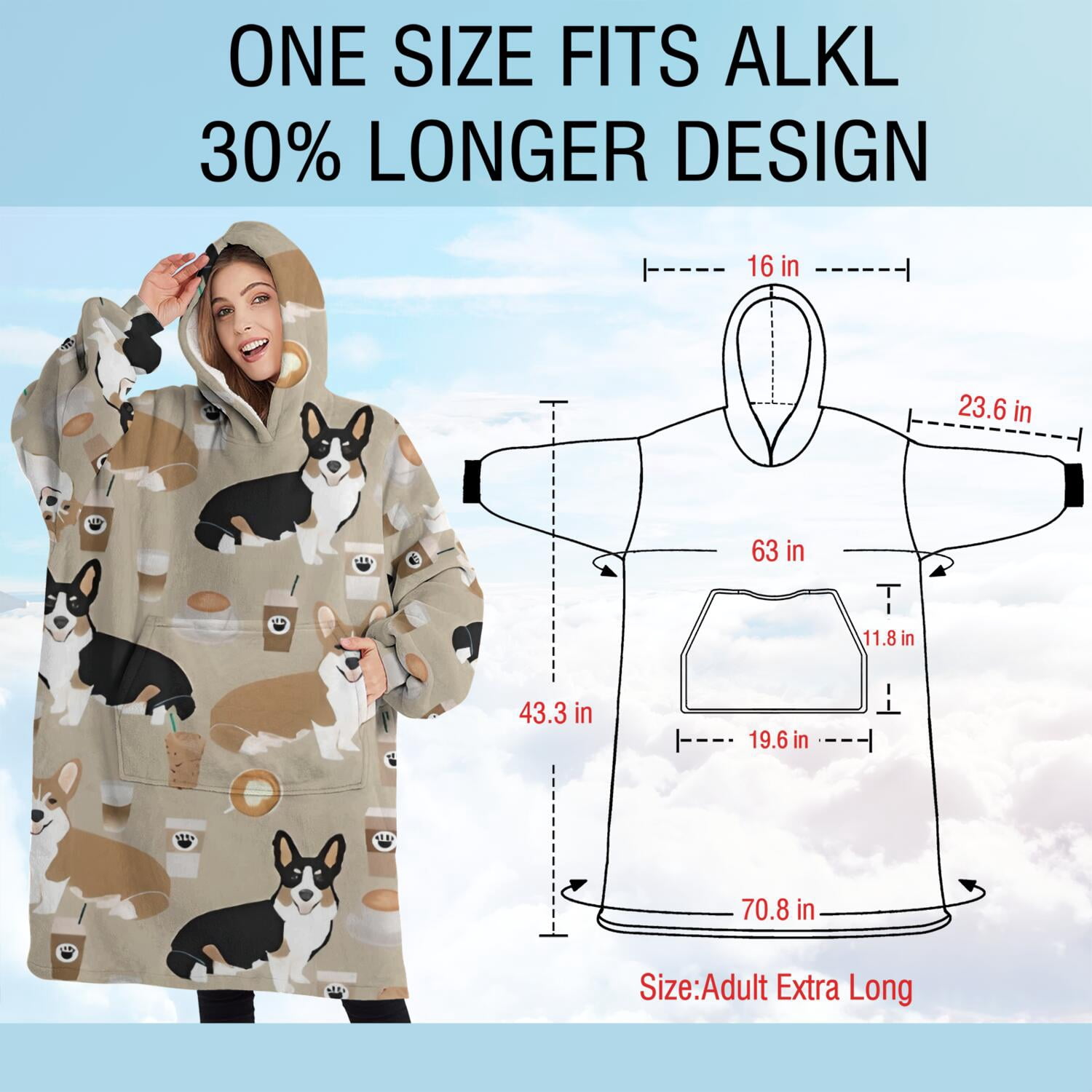 Oversized Wearable Blanket Hoodie,Cartoon Corgi and Coffee Sherpa Blanket Hoodie with Super Pockets,Super Warm Fuzzy Pullover for Women & Men