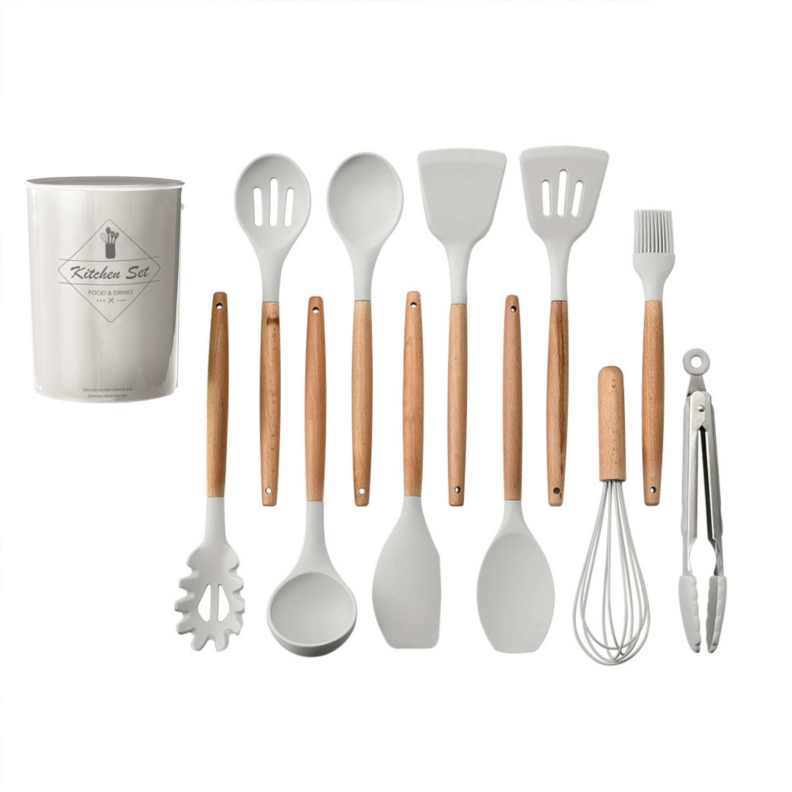 Doolland 11 pcs White Silicone Kitchen Utensils Set Heat Resistant Silicone  Cooking Utensils Beech Wooden Handles Non-Stick Silicone Cooking Set  Holder, Spatula, Tongs, Whisk, Brush, Spoon, BPA-Free 