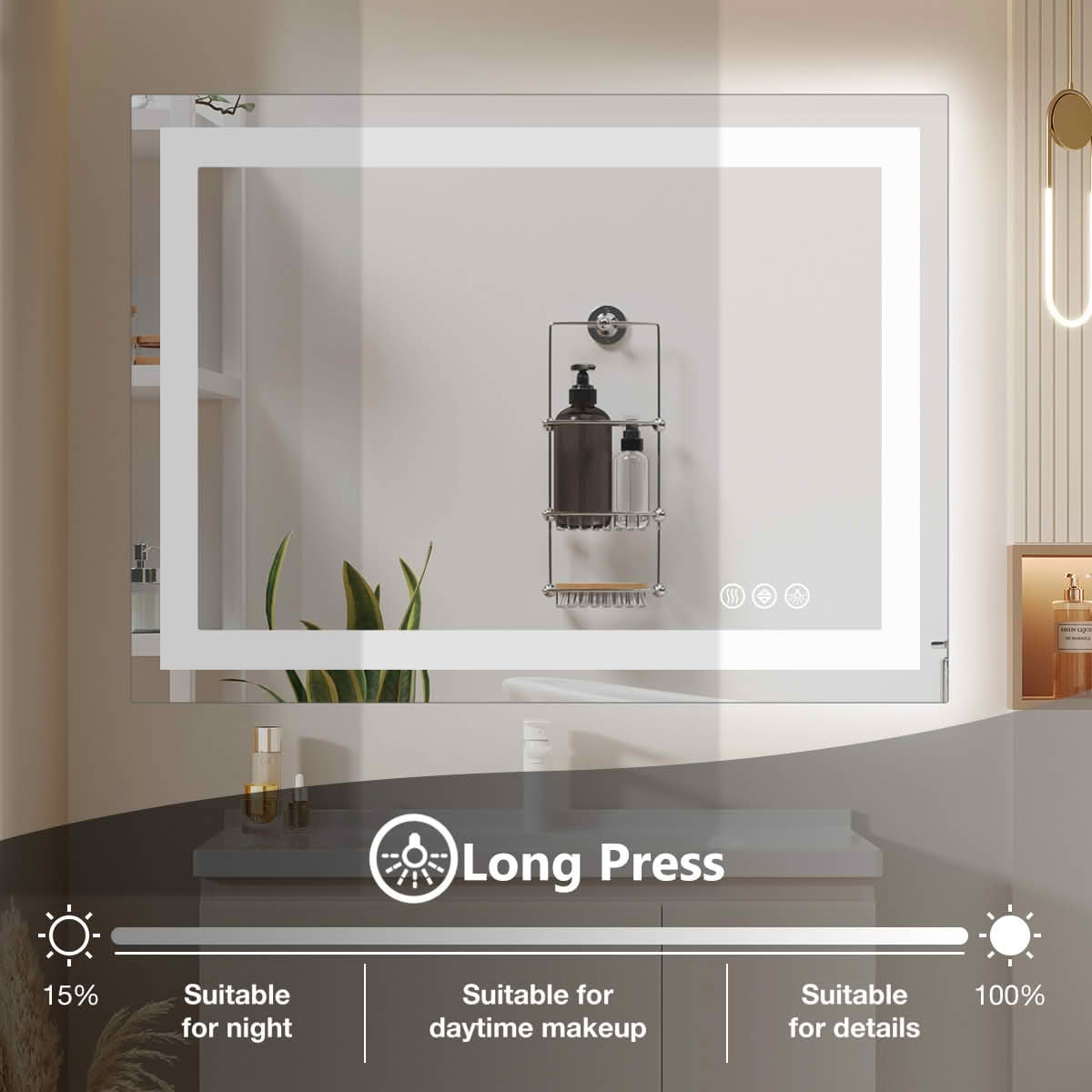 MAYEERTY 36 X 48 Inch Rectangle Anti-fog LED Bathroom Mirror, Dual Light Source Three Lighting Modes