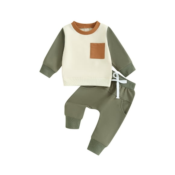 ZAXARRA Baby Boy Clothes Color Block Crewneck Sweatshirt and Elastic Pants Set for Toddler Fall Clothes 2 Piece Outfits