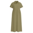 thumbnail image 4 of Linen Dress for Women 2026 Summer - Short Sleeve Button Up Flowy A-Line Pleated Front Lapel Collared Casual Maxi Dress, 4 of 5