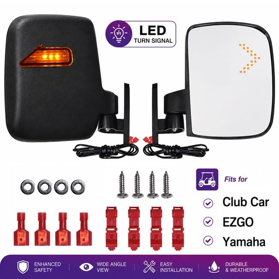 Golf Cart Mirrors with LED Turn Signal Lights Adjustable Side Rear View Mirrors for Club Car EZGO Yamaha Golf Cart