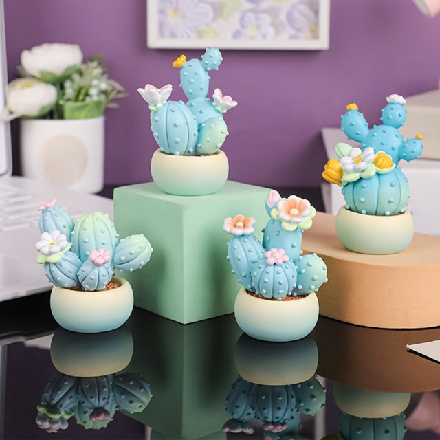Figura de resina de planta en maceta de simulación de cactus | Lindo adorno de coche azul en miniatura | Pequeño regalo de decoración fresca para el hogar | 1 Pieza | los 6,5x3,8x3,3cm | para
