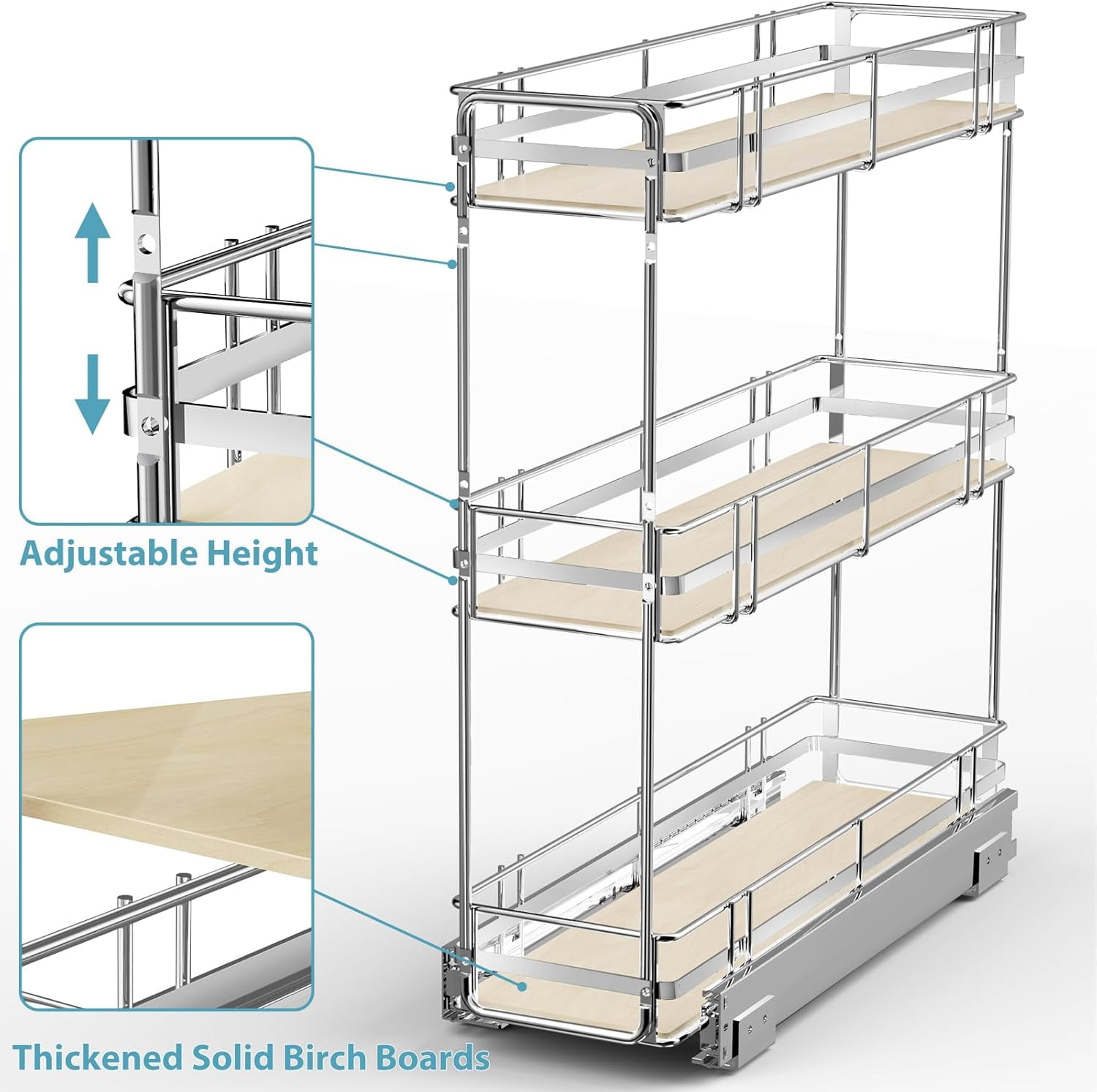Pull Out Spice Rack Cabinet Organizer (8" W X 20½" D),3 Tier Slide Out Drawer for Narrow Cabinet, Pull Out Shelves Under Cabinet Storage for Kitchen