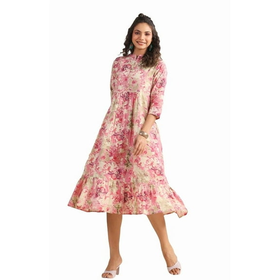 Pink Cotton Abstract Gathered Dress