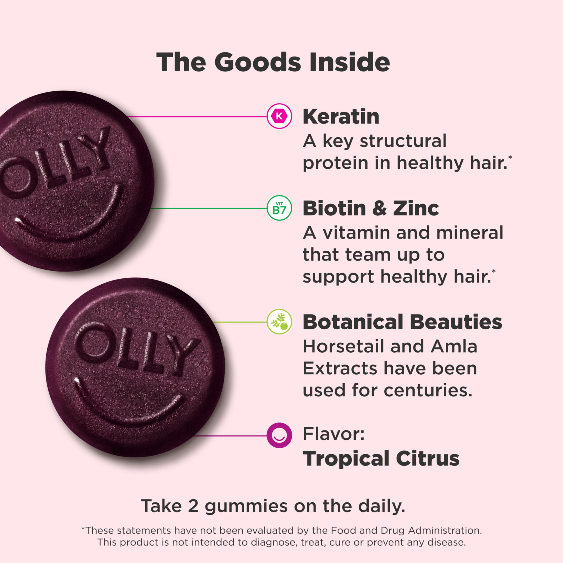 (3 pack) OLLY Heavenly Hair Gummy Supplement, Keratin, Biotin, Amla & Zinc, Tropical Citrus Flavored, 60 Count